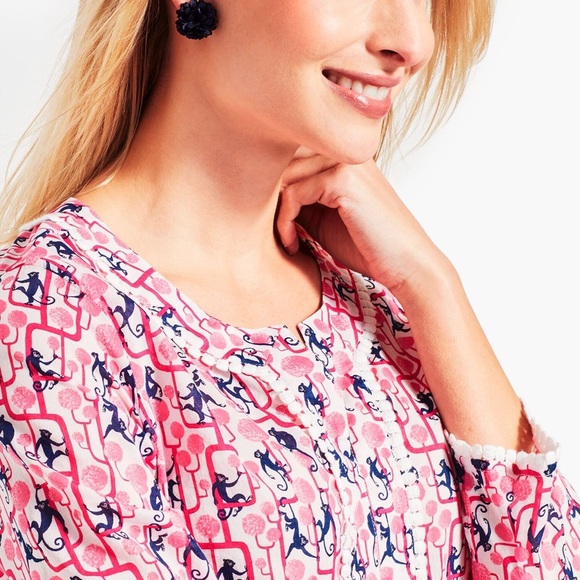 Talbots Pink & Blue Monkey Print Tunic Top 3/4 Sleeve Mandarin Collar Size 1XP - Picture 11 of 16